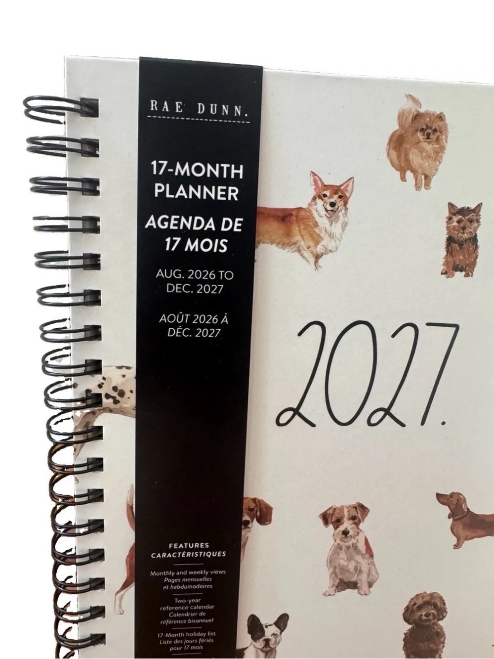 Rae Dunn 2027 PLANNER Hard Cover Spiral 17 months Planner Dog Design 10x8”